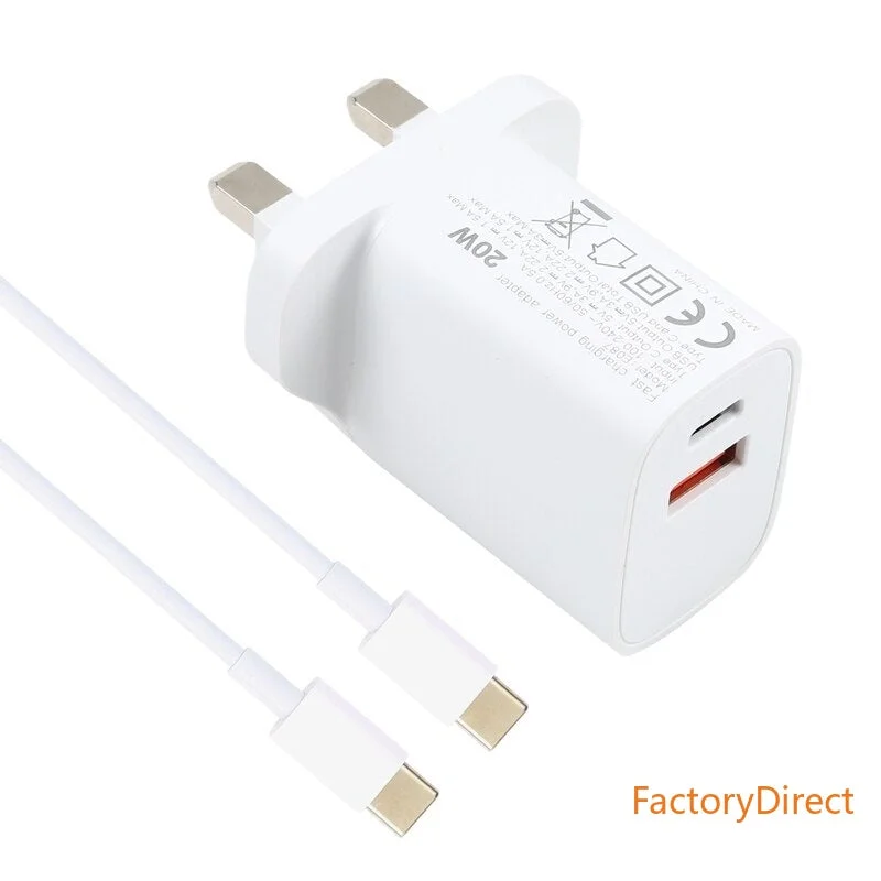 20W USB-C / Type-C + USB Ports Charger with 100W Type-C to Type-C Fast Charging Cable  UK Plug  EU Plug US Plug