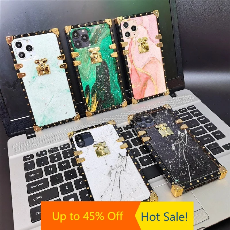 Fashion Colorful Glitter Marble Stone Square Gold Cover for iPhone