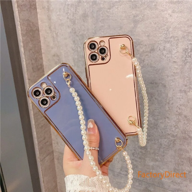 Electroplatin Pearl Bracelet Phone Case with lanyard for IPhone 12 MAX 11 Pro XS XR X 7 8 Plus Protection Back Cove