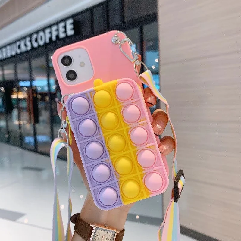 iPhone 12 pro max case 6 6s 7 8 Plus 7Plus Relive Stress Push Bubble go pop it iphone X Xs Max XR Phone Case Fidget Toys Soft Cover with coin purse for card key change lanyard strap