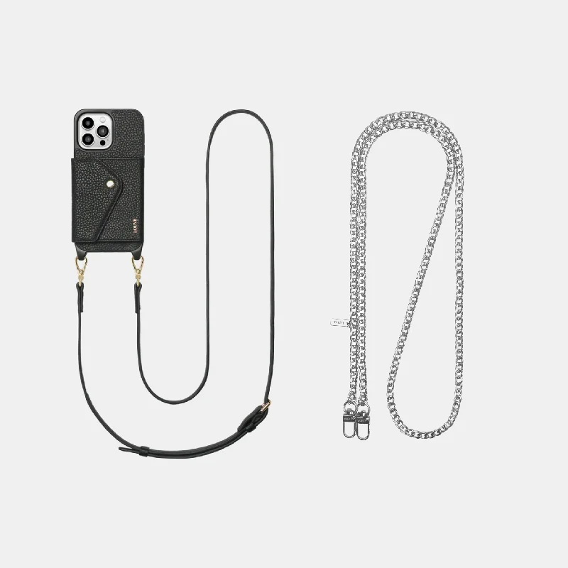 Leather Phone Case Wallet & Crossbody Strap + Silver-Plated Chain