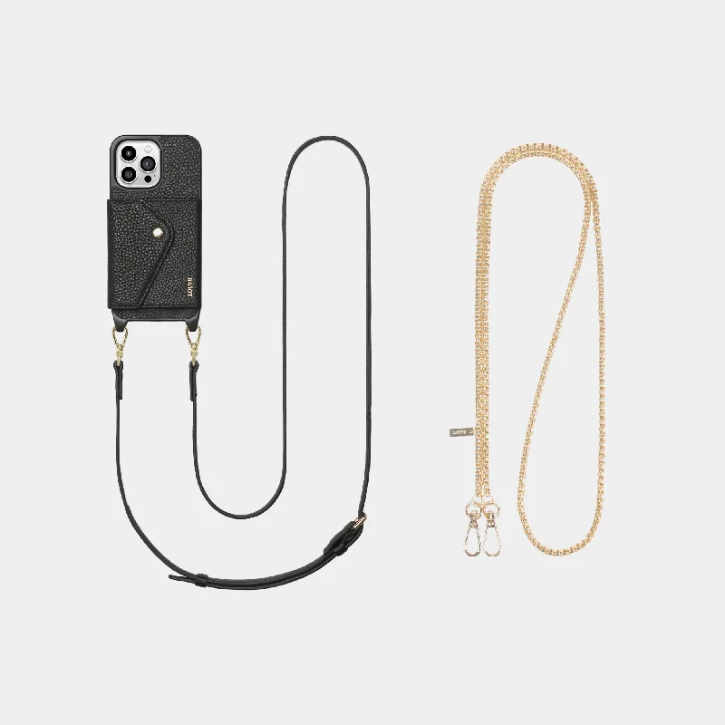 Leather Phone Case Wallet & Crossbody Strap + Gold-Plated Chain