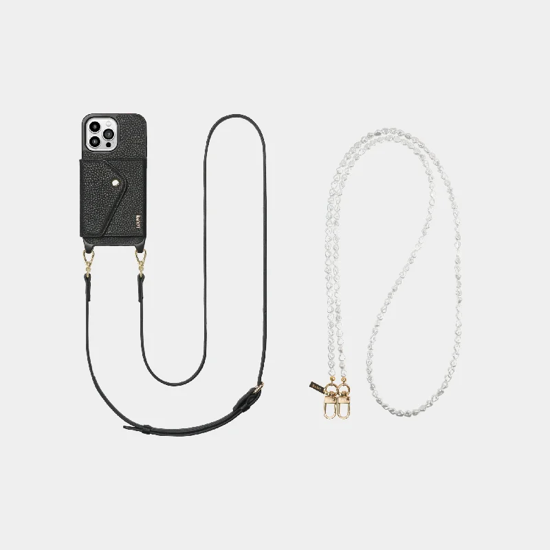 Leather Phone Case Wallet & Crossbody Strap + Pearl Chain