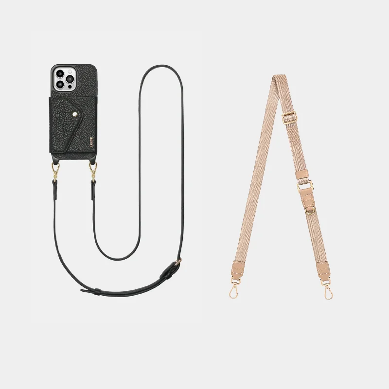 Leather Phone Case Wallet & Crossbody Strap + Beige Lanyard