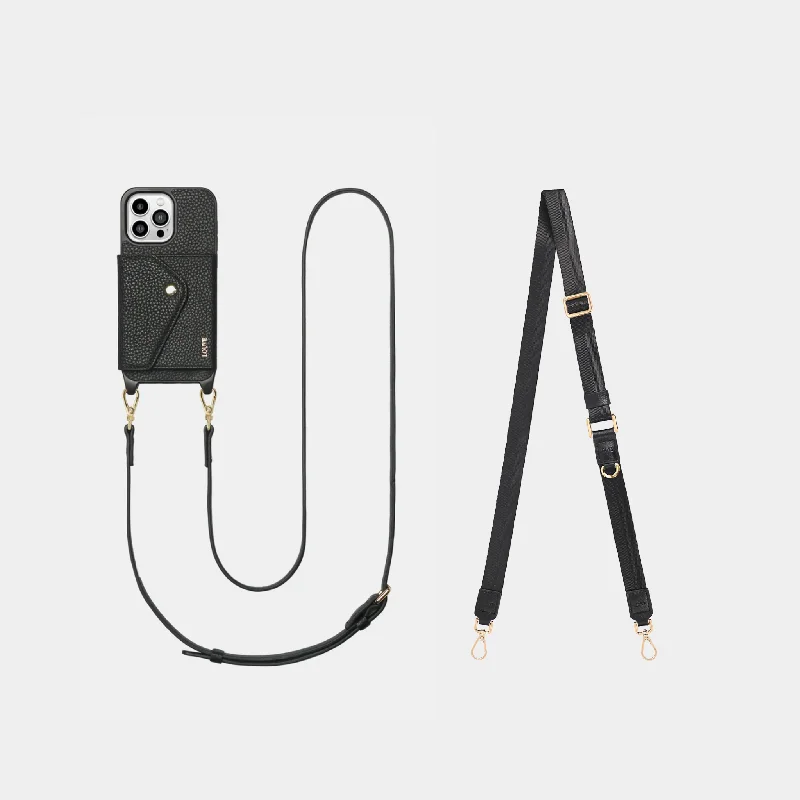 Leather Phone Case Wallet & Crossbody Strap + Black Lanyard