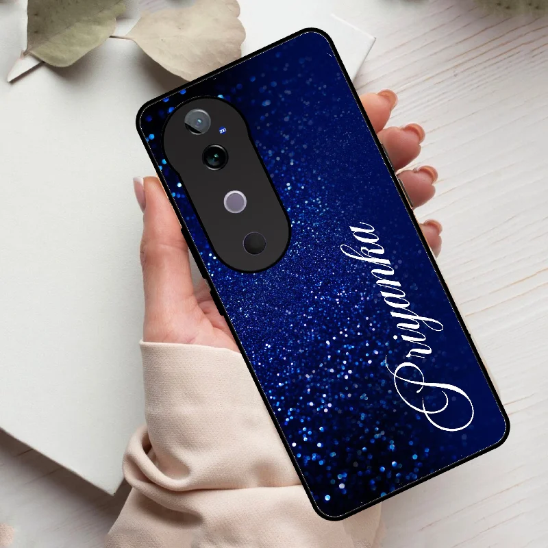 Blue Glitter Customize Glass Case Cover For Vivo