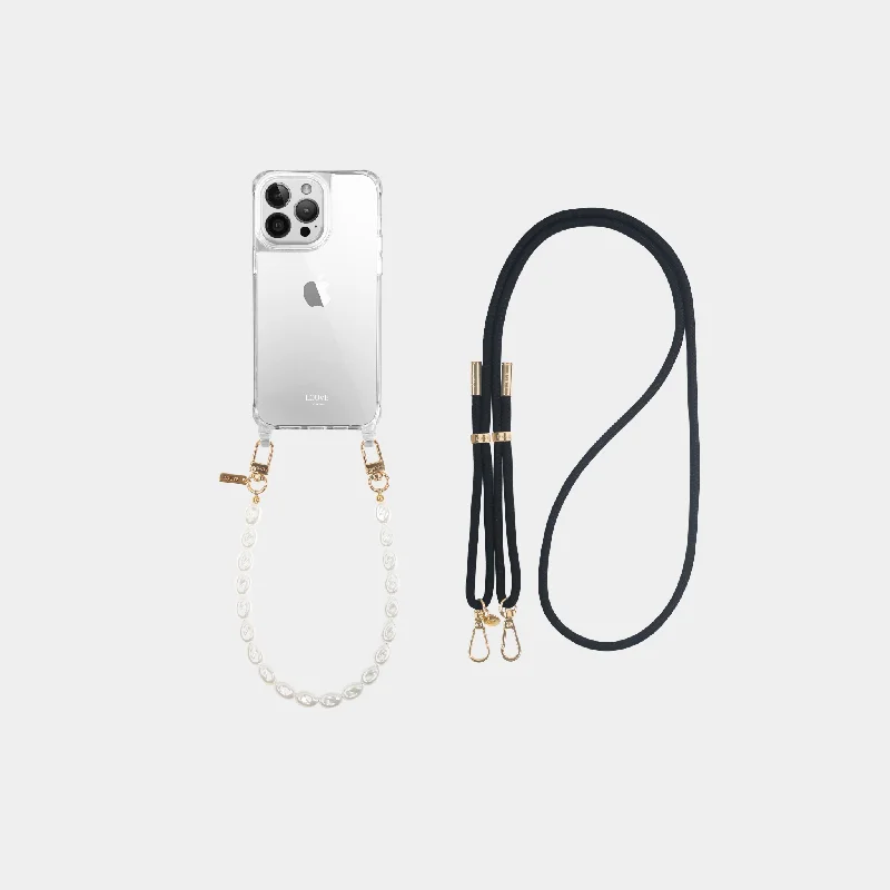 Clear Phone Case + Pearl Wristlet + Black Crossbody Strap