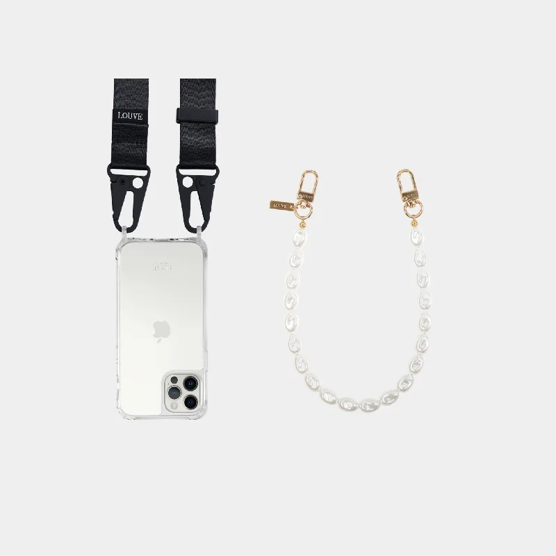 Clear Phone Case + Pearl Wristlet + Black Crossbody Lanyard