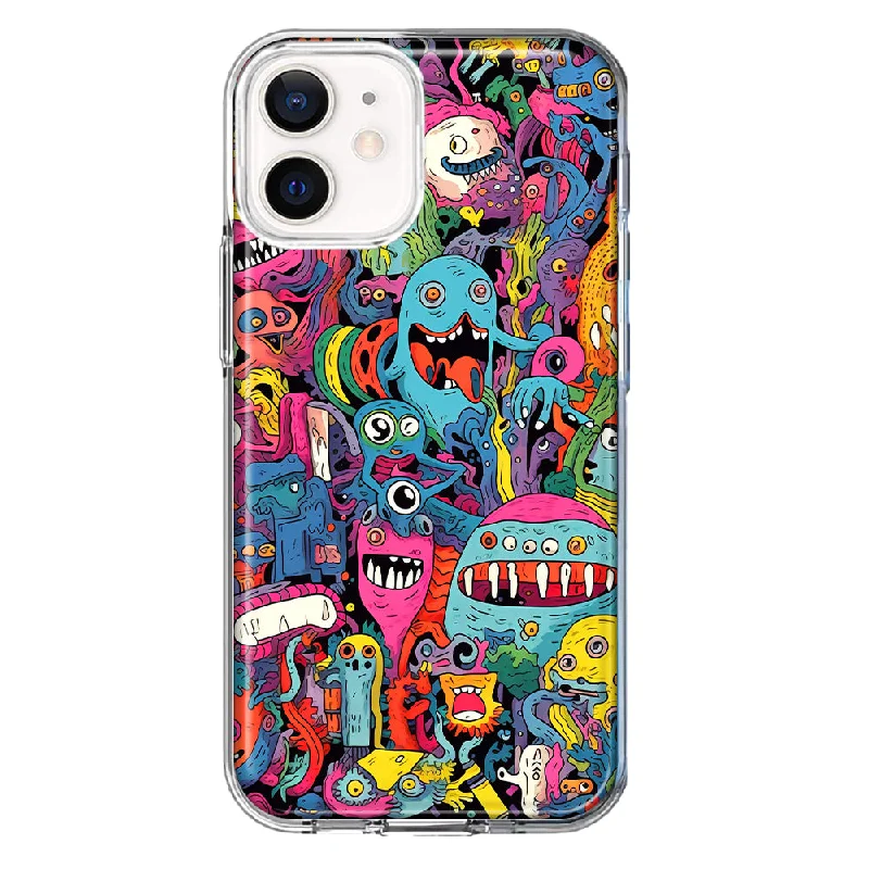 For Apple iPhone 12 Mini Psychedelic Trippy Happy Aliens Characters Design Hybrid Protective Phone Case Cover