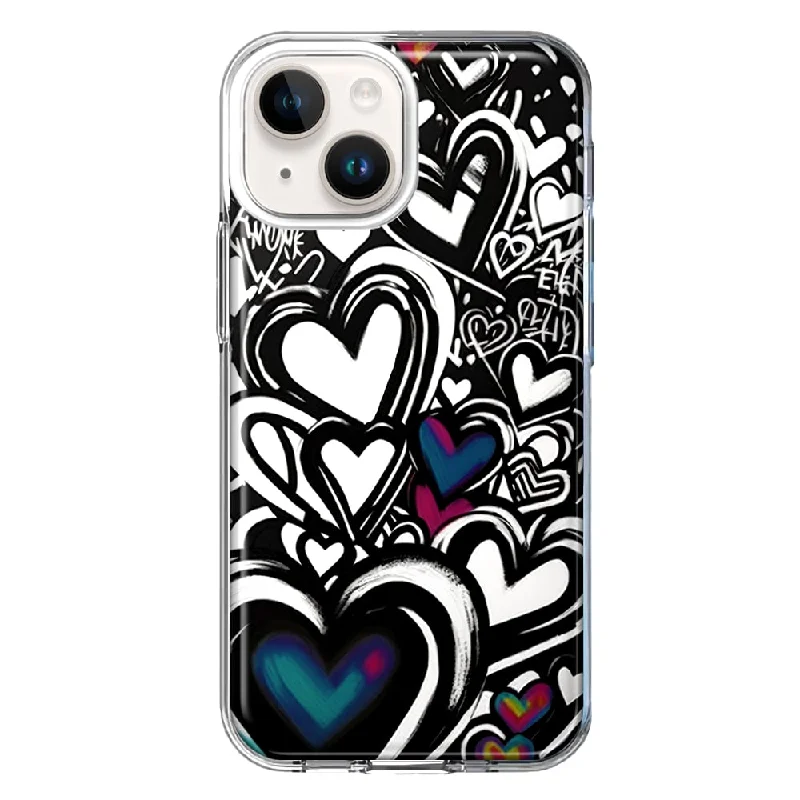 For Apple iPhone 15 Black White Hearts Love Graffiti Case Cover