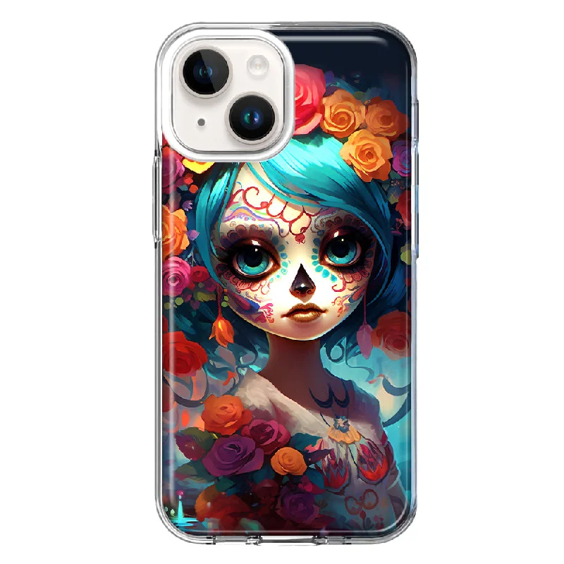 For Apple iPhone 15 Halloween Spooky Colorful Day of the Dead Skull Girl Case Cover