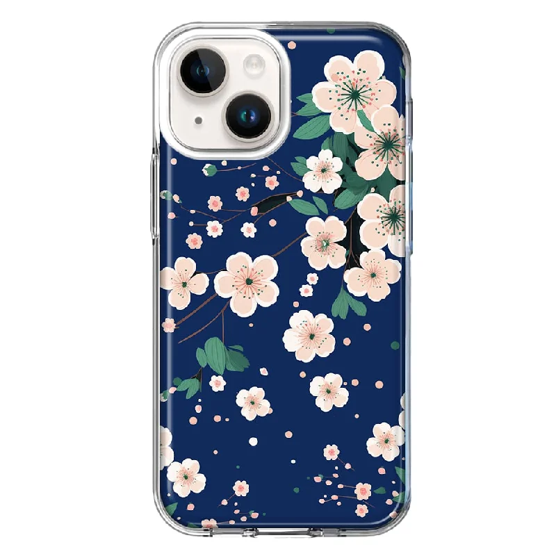 For Apple iPhone 15 Kawaii Japanese Pink Cherry Blossom Navy Blue Case Cover