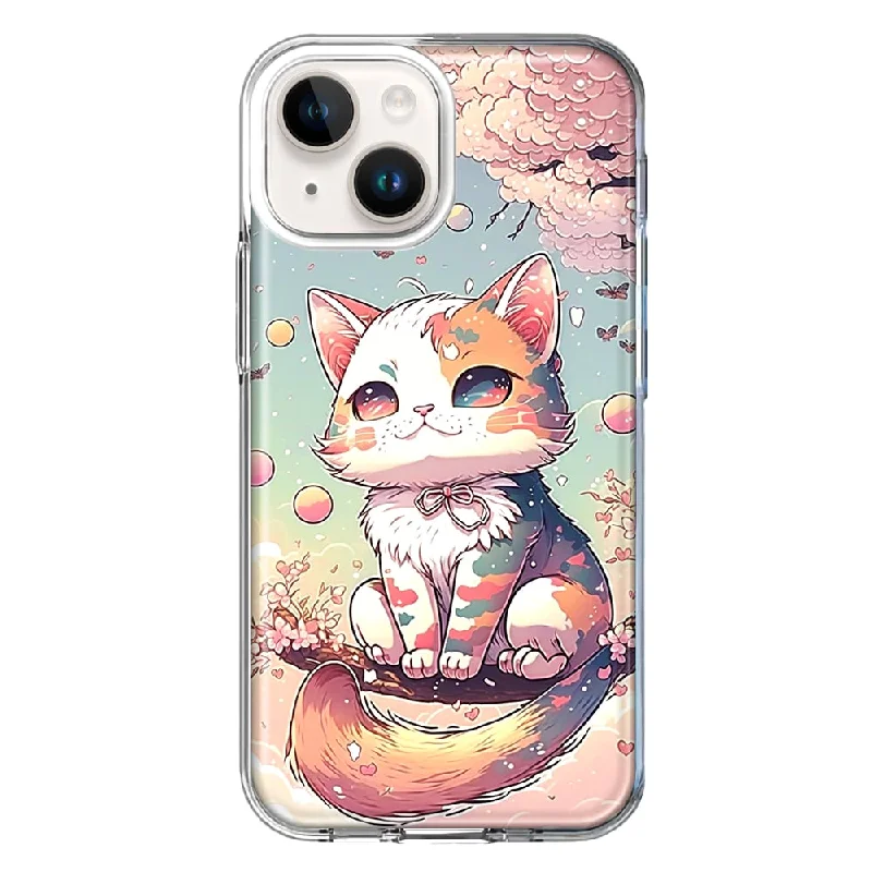 For Apple iPhone 15 Kawaii Manga Pink Cherry Blossom Cute Cat Case Cover