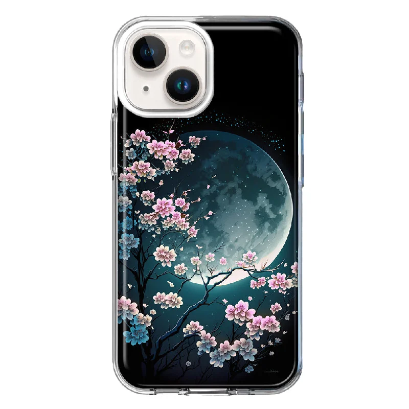 For Apple iPhone 15 Kawaii Manga Pink Cherry Blossom Full Moon Case Cover