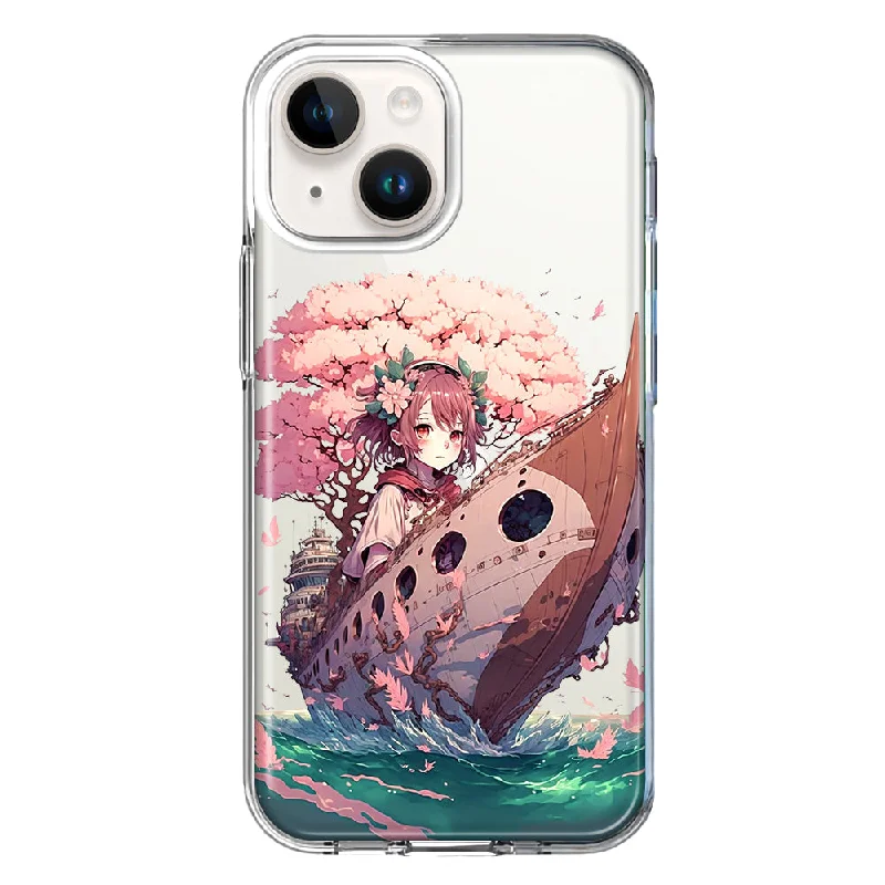 For Apple iPhone 15 Kawaii Manga Pink Cherry Blossom Japanese Girl Boat Case Cover