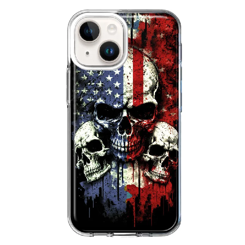 For Apple iPhone 15 Plus American USA Flag Skulls Blue Red Case Cover