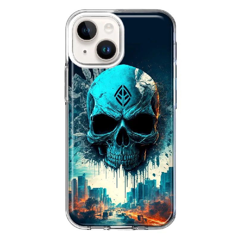 For Apple iPhone 15 Plus Blue Apocalypse Cyberpunk Skull Feather Case Cover