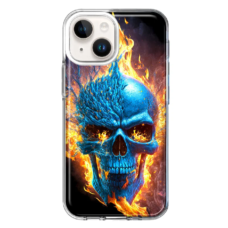 For Apple iPhone 15 Plus Blue Flaming Skull Burning Fire Case Cover