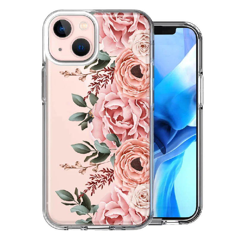 For Apple iPhone 15 Plus Blush Pink Peach Spring Flowers Peony Rose Case Cover