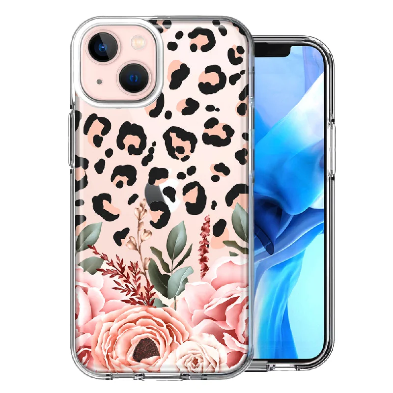 For Apple iPhone 15 Plus Classy Blush Peach Peony Rose Flowers Leopard Case Cover