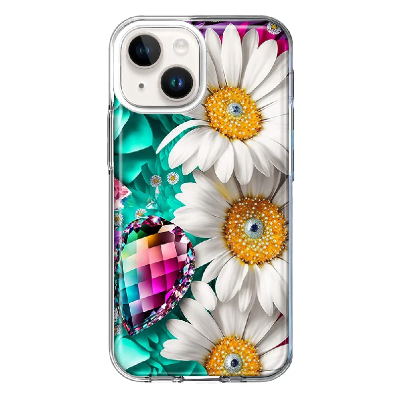 For Apple iPhone 15 Plus Colorful Crystal White Daisies Rainbow Gems Teal Case Cover