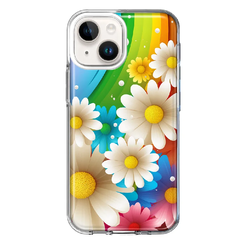 For Apple iPhone 15 Plus Colorful Rainbow Daisies Blue Pink White Green Case Cover