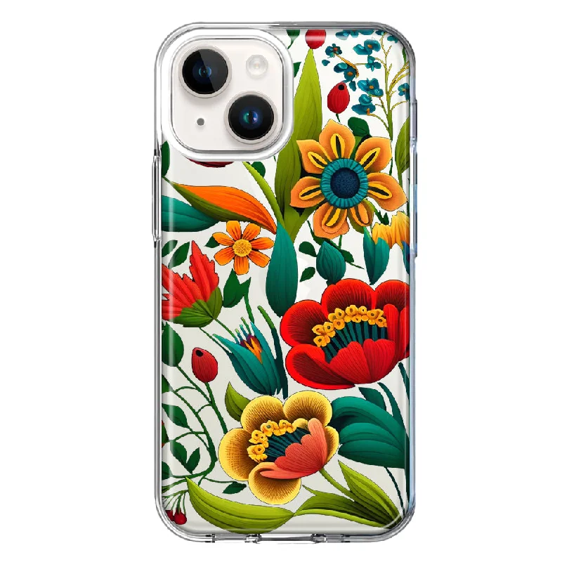 For Apple iPhone 15 Plus Colorful Red Orange Folk Style Floral Vibrant Spring Flowers Case Cover