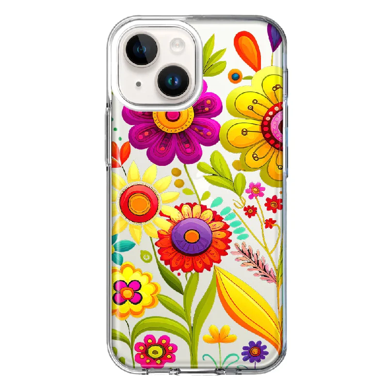 For Apple iPhone 15 Plus Colorful Yellow Pink Folk Style Floral Vibrant Spring Flowers Case Cover