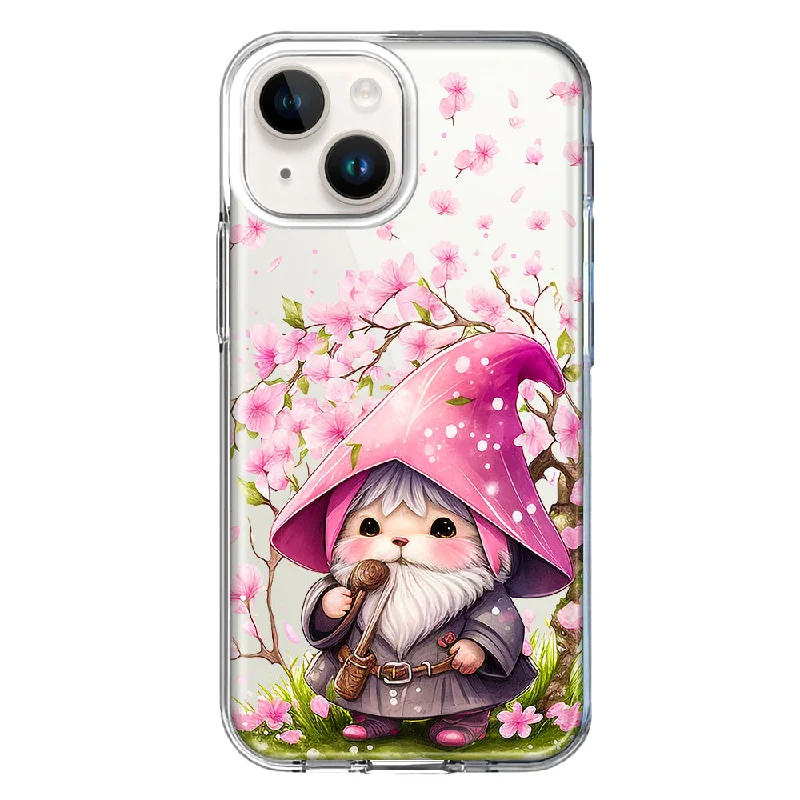 For Apple iPhone 15 Plus Cute Pink Cherry Blossom Gnome Spring Floral Flowers Case Cover