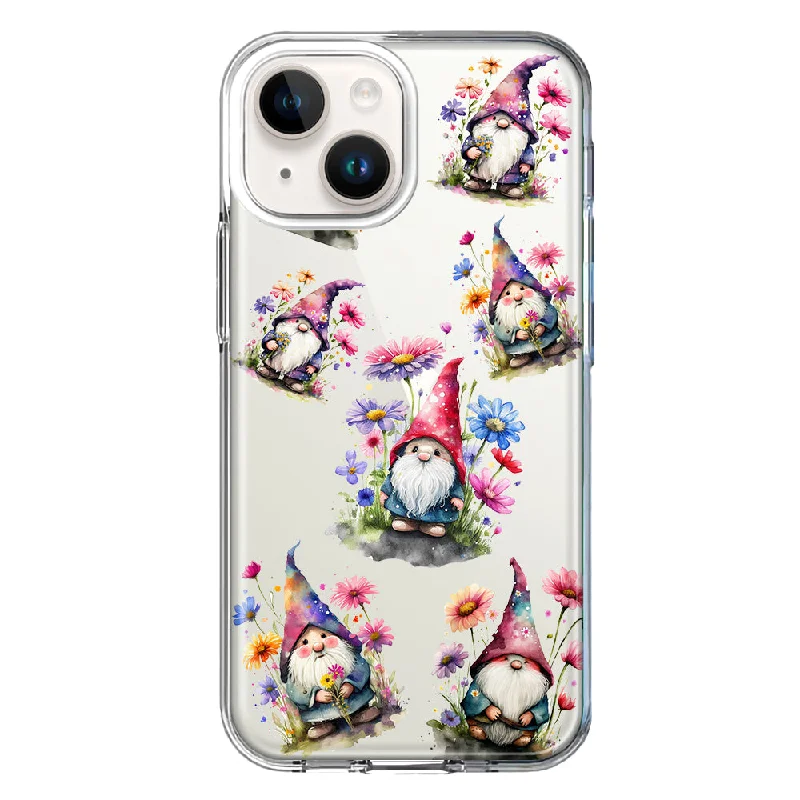 For Apple iPhone 15 Plus Cute Pink Purple Cosmos Flowers Gnomes Spring Floral Case Cover