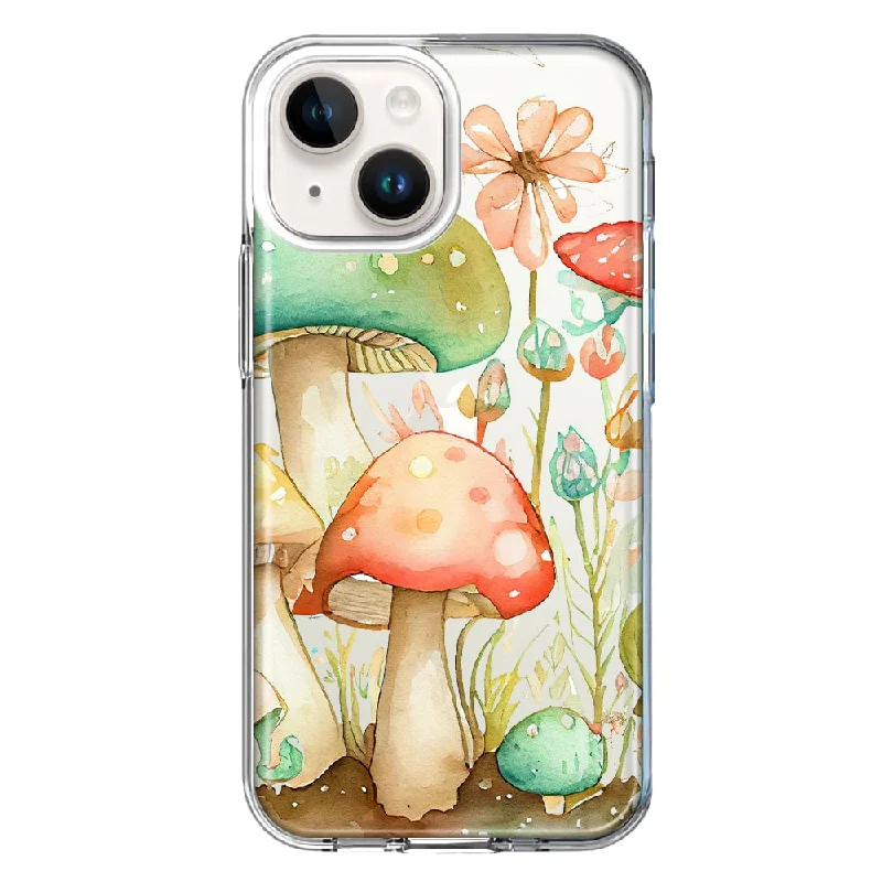 For Apple iPhone 15 Plus Fairy Tale Watercolor Mushrooms Pastel Spring Flowers Floral Case Cover