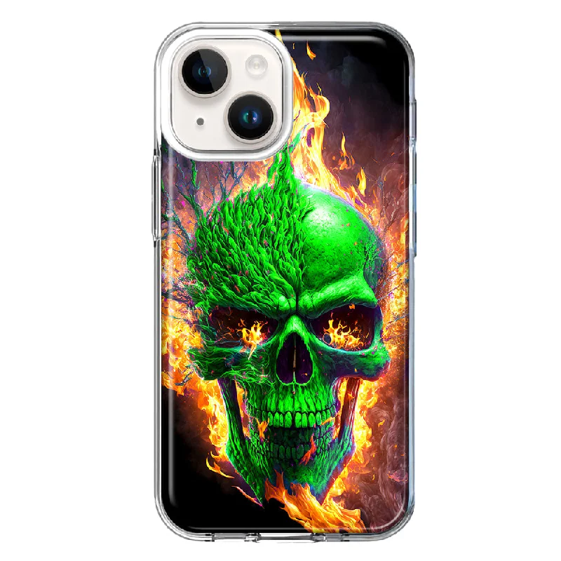 For Apple iPhone 15 Plus Green Flaming Skull Burning Fire Case Cover