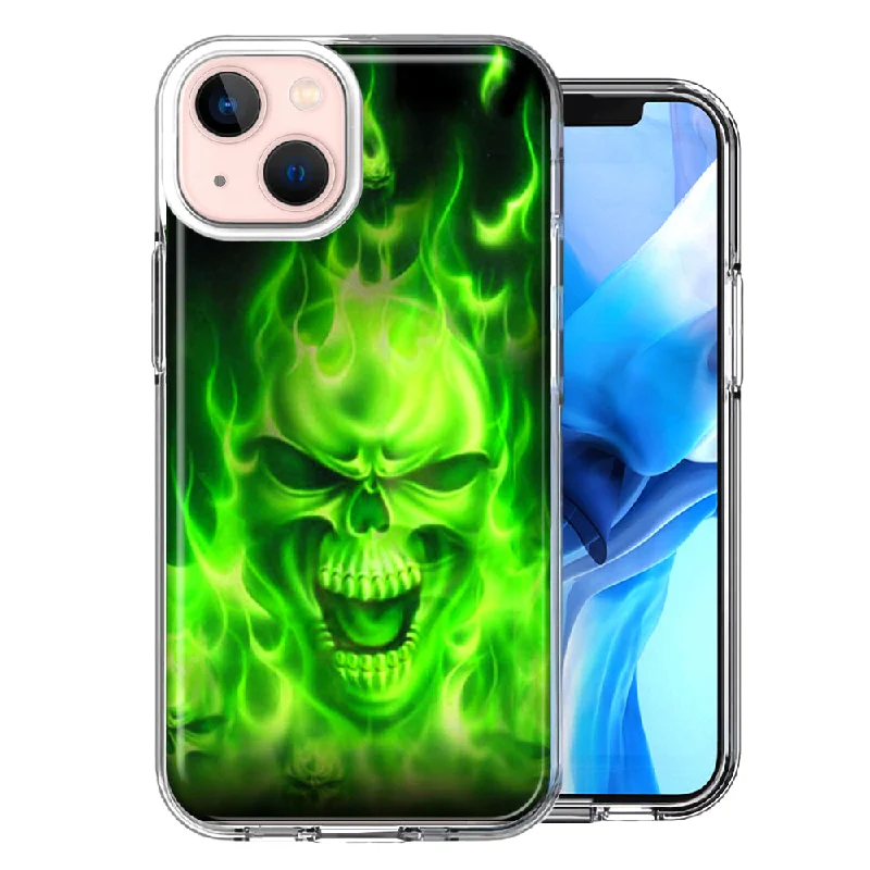 For Apple iPhone 15 Plus Green Flaming Skull Case Cover