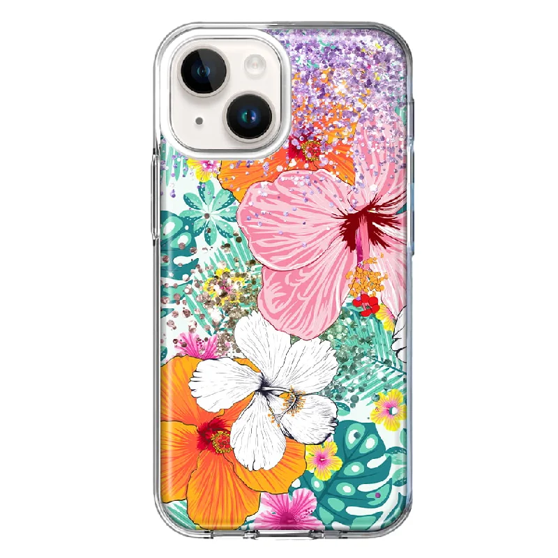 For Apple iPhone 15 Plus Hawaiian Vibes Hibiscus Flowers Monstera Vacation Summer Case Cover