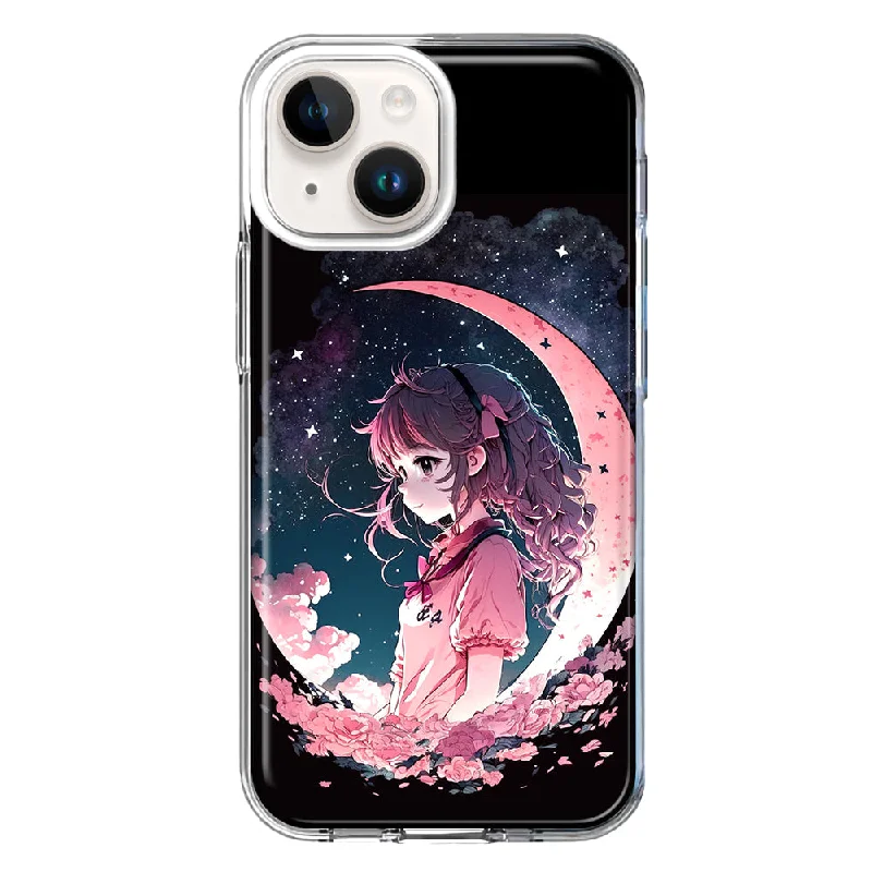 For Apple iPhone 15 Plus Kawaii Manga Pink Cherry Blossom Dreaming Moon Girl Case Cover