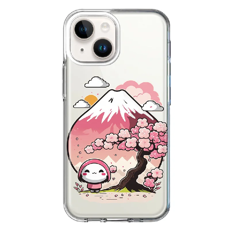 For Apple iPhone 15 Plus Kawaii Manga Pink Cherry Blossom Fuji Mountain Mochi Girl Case Cover