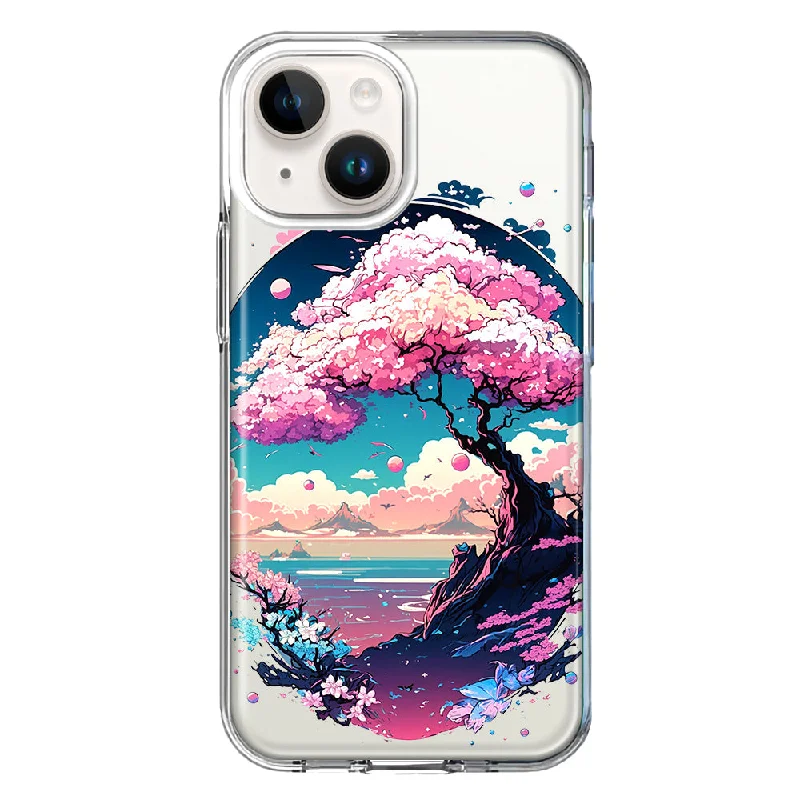 For Apple iPhone 15 Plus Kawaii Manga Pink Cherry Blossom Japanese Sky Floral Ocean Case Cover