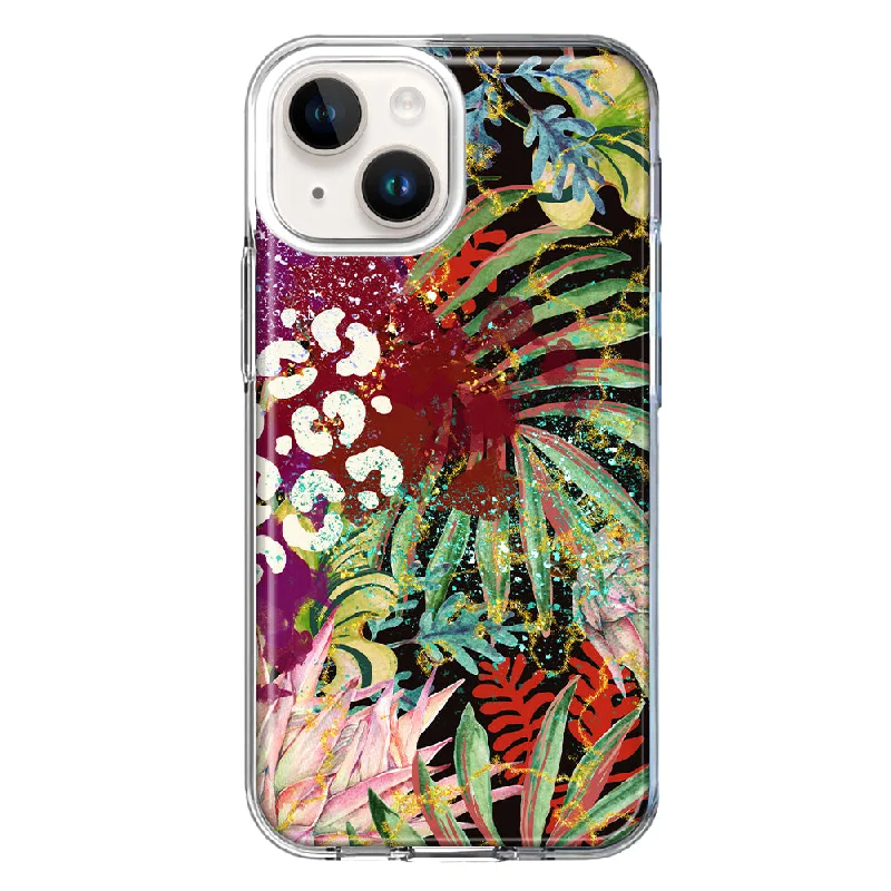 For Apple iPhone 15 Plus Leopard Tropical Flowers Vacation Dreams Hibiscus Floral Case Cover