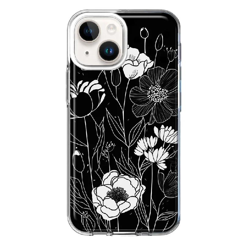 For Apple iPhone 15 Plus Line Drawing Art White Floral Flowers Case Cover