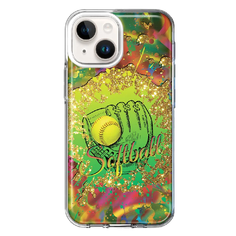 For Apple iPhone 15 Plus Love Softball Girls Glove Green Tie Dye Swirl Paint Case Cover