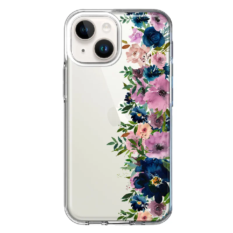 For Apple iPhone 15 Plus Navy Blue Summer Watercolor Floral Classic Purple Flowers Case Cover