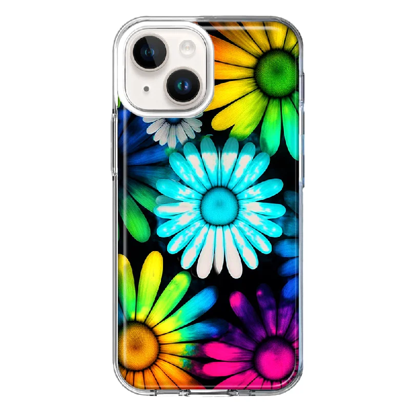 For Apple iPhone 15 Plus Neon Rainbow Daisy Glow Colorful Daisies Baby Blue Pink Yellow White Case Cover