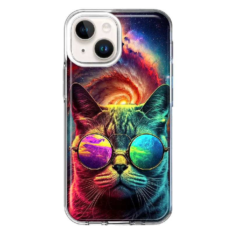 For Apple iPhone 15 Plus Neon Rainbow Galaxy Cat Case Cover