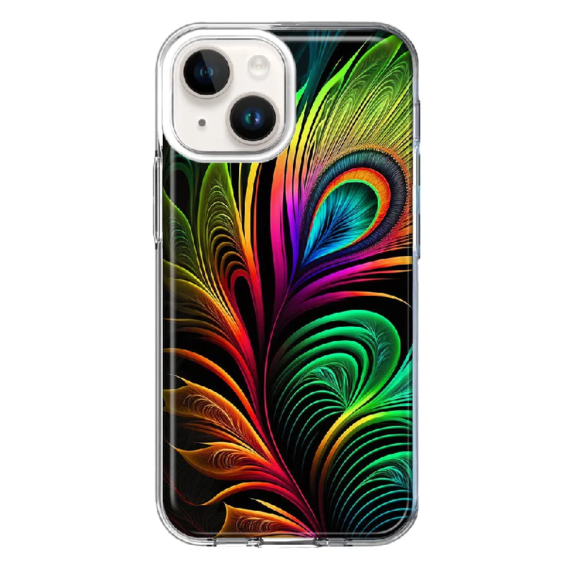 For Apple iPhone 15 Plus Neon Rainbow Glow Peacock Feather Case Cover