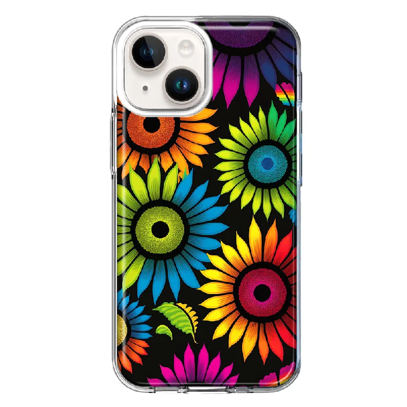 For Apple iPhone 15 Plus Neon Rainbow Glow Sunflowers Colorful Floral Pink Purple Case Cover