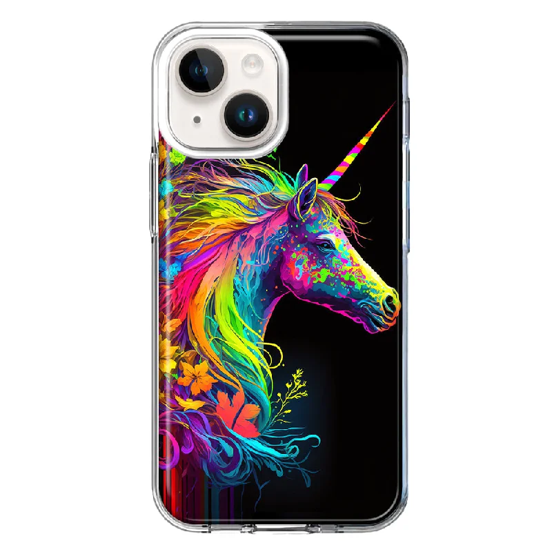 For Apple iPhone 15 Plus Neon Rainbow Glow Unicorn Floral Case Cover