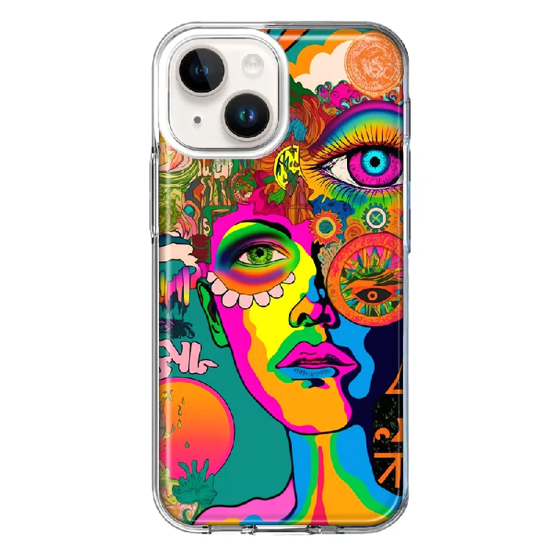 For Apple iPhone 15 Plus Neon Rainbow Psychedelic Hippie One Eye Pop Art Case Cover