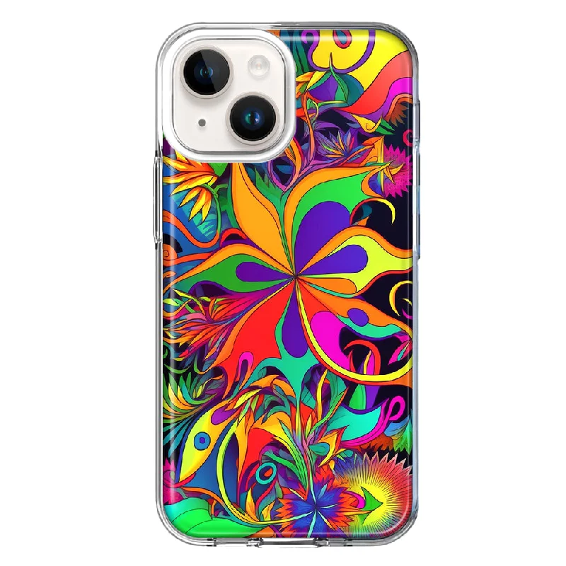 For Apple iPhone 15 Plus Neon Rainbow Psychedelic Hippie Wild Flowers Case Cover