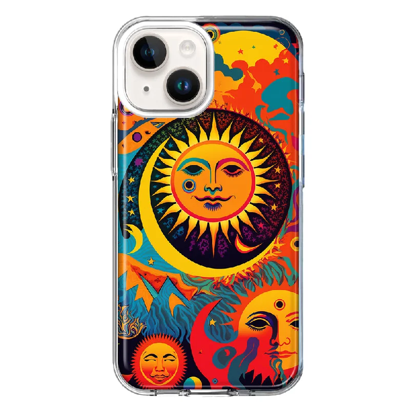 For Apple iPhone 15 Plus Neon Rainbow Psychedelic Indie Hippie Sun Moon Case Cover