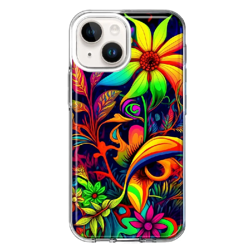 For Apple iPhone 15 Plus Neon Rainbow Psychedelic Trippy Hippie Daisy Flowers Case Cover